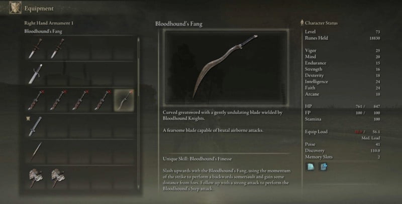 Elden Ring Bloodhound's Fang Stats