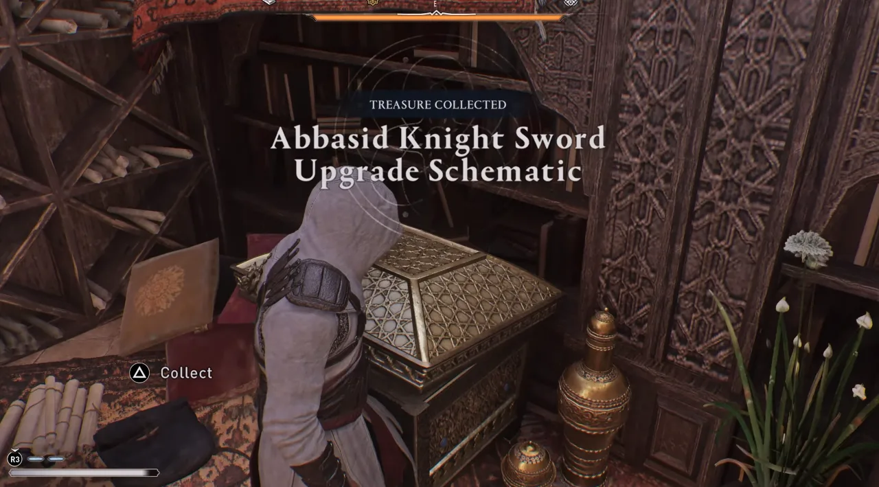 Obtained Abbasid Knight Sword upgrade schematic by opening the gear chest.