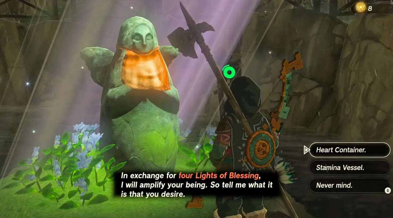 Link trading Light of Blessing for Heart Container at Goddess Statue.