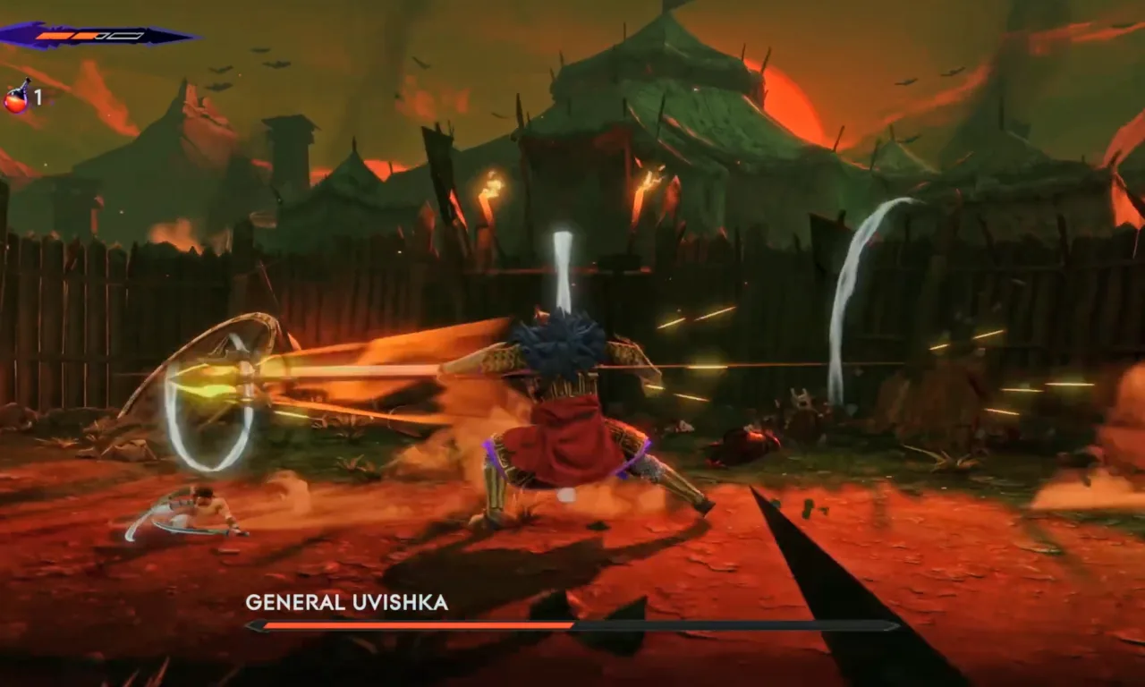 General Uvishka attacks with his trident and tries to stab it straight.