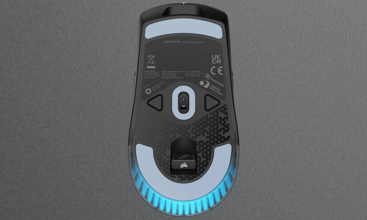 Bottom end of M75 gaming mouse with its features.
