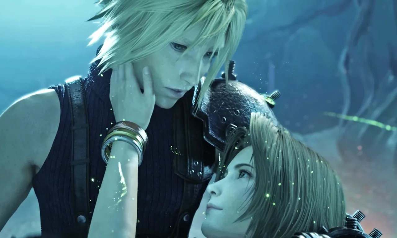 Cloud holding Aerith and she is comforting him
