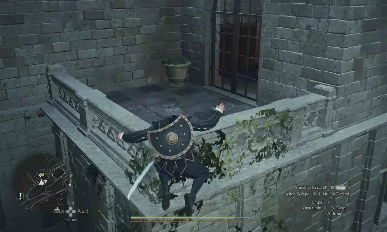 Jumping to the house balcony from broken wall to get Let There Be Light grimoire book.