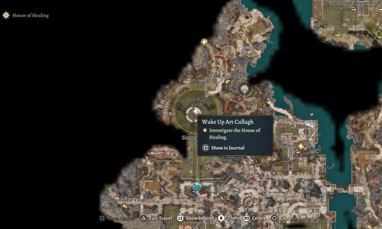 Map showing House of Healing in quest to wake Art in BG3.