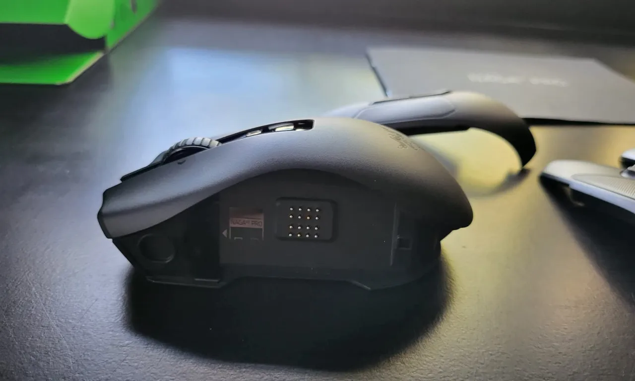 Razer Naga V2 Pro from the left side with the side case open.