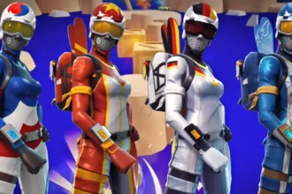 Mogul Masters skins featuring colorful skiing outfits in Fortnite.