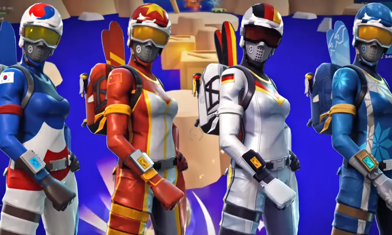 Mogul Masters skins featuring colorful skiing outfits in Fortnite.