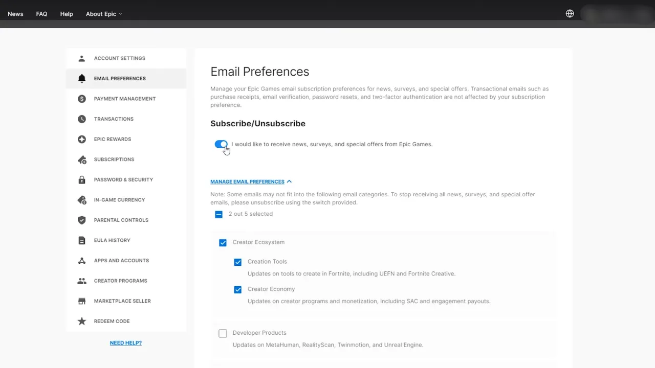 Epic Games SIte Email Preferences Tab to enable the surveys.