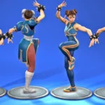 Chun-Li in four different poses from front and back in Fortnite.