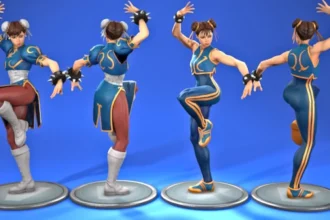 Chun-Li in four different poses from front and back in Fortnite.