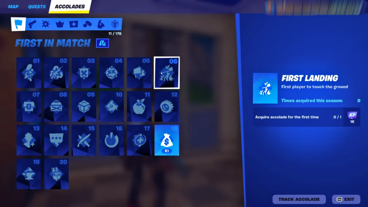 Fortnite Accolades menu to see total count and how to get them.