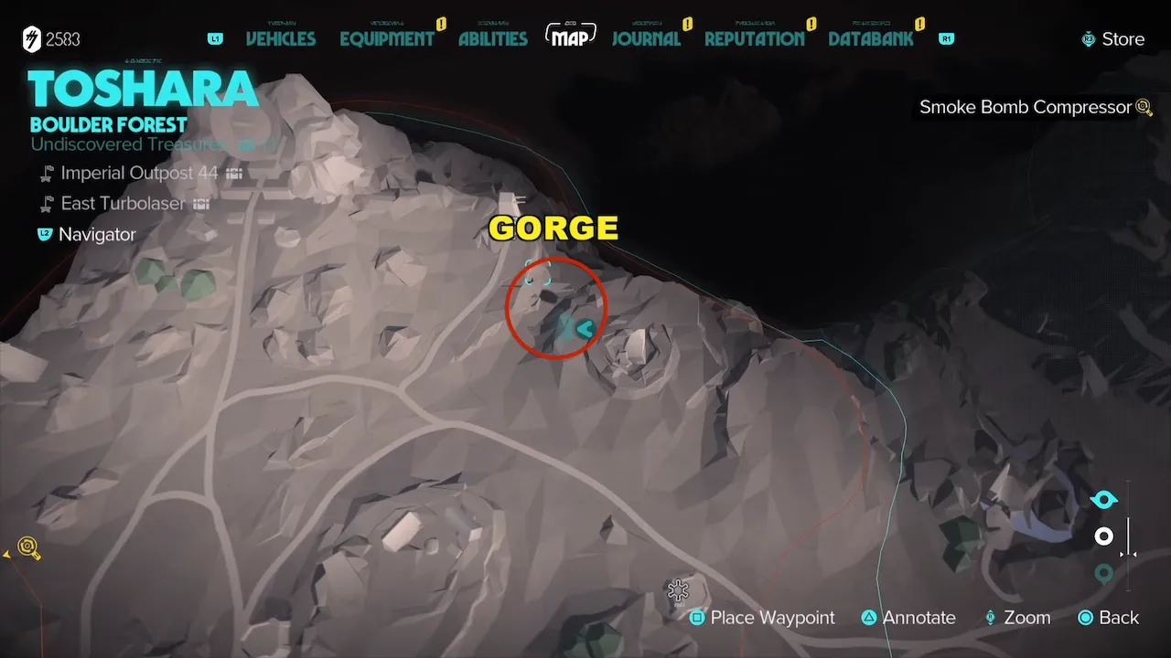 Star Wars Outlaws map showing Gorge location to do 60 meter jump challenge