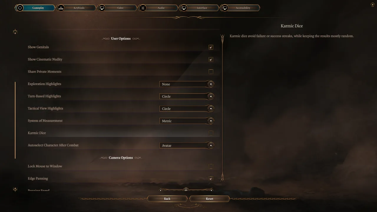 Baldur's Gate 3 Karmic Dice Setting In-game Menu