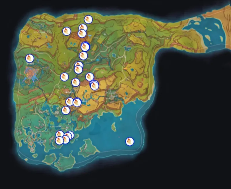 Map showing all Embercore Flower Locations in Genshin Impact