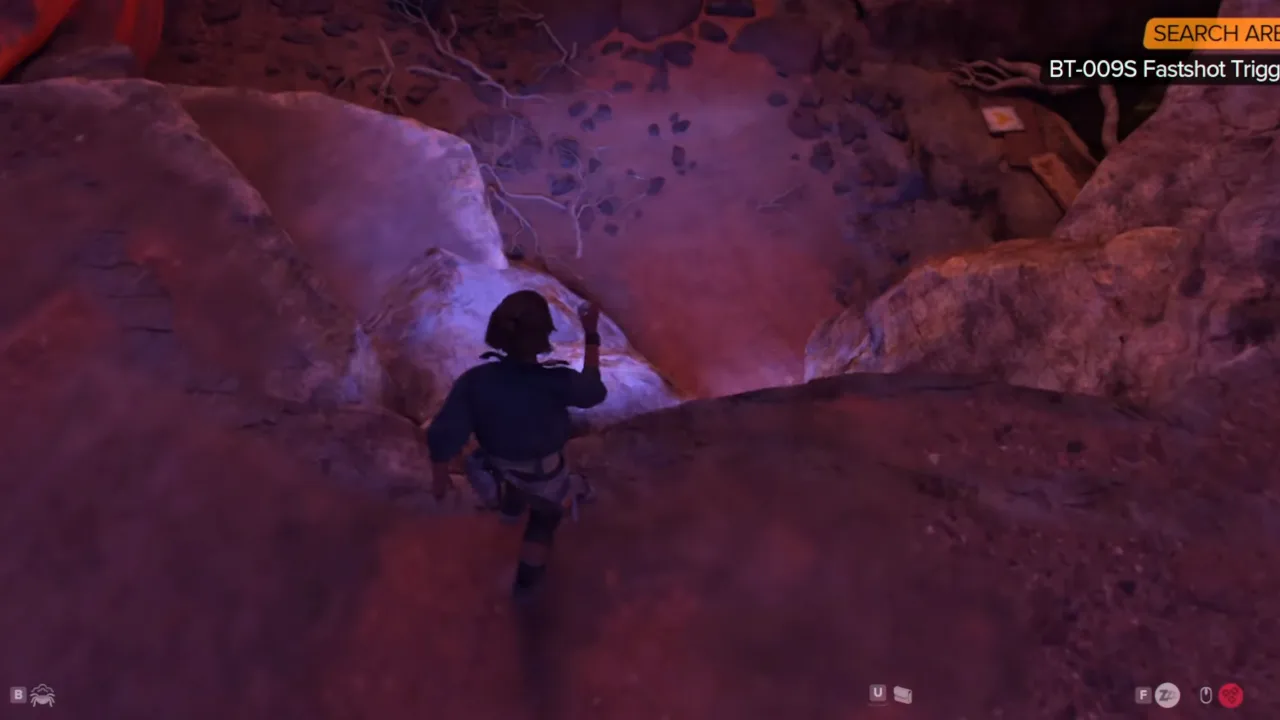 Star Wars Outlaws screenshot showing the ditch to jump down from the cave to reach BT 009s Fastshot location.