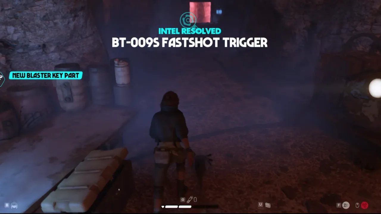 Star Wars Outlaws screenshot showing Kay obtained the BT-009s Fastshot Trigger from the chest and completed the Intel.