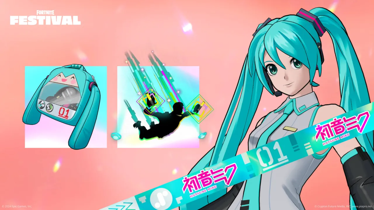 Fortnite Hatsune Miku Outfit Pack: Hatsune Miku Skin, Miku Back Bling, and Miku Light Contrail