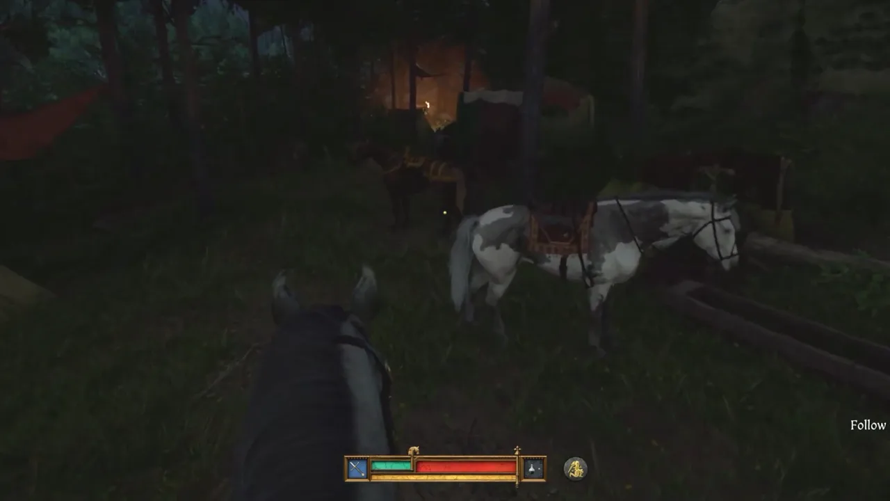 Player riding a horse and another horse standing in front in Kingdom Come Deliverance 2