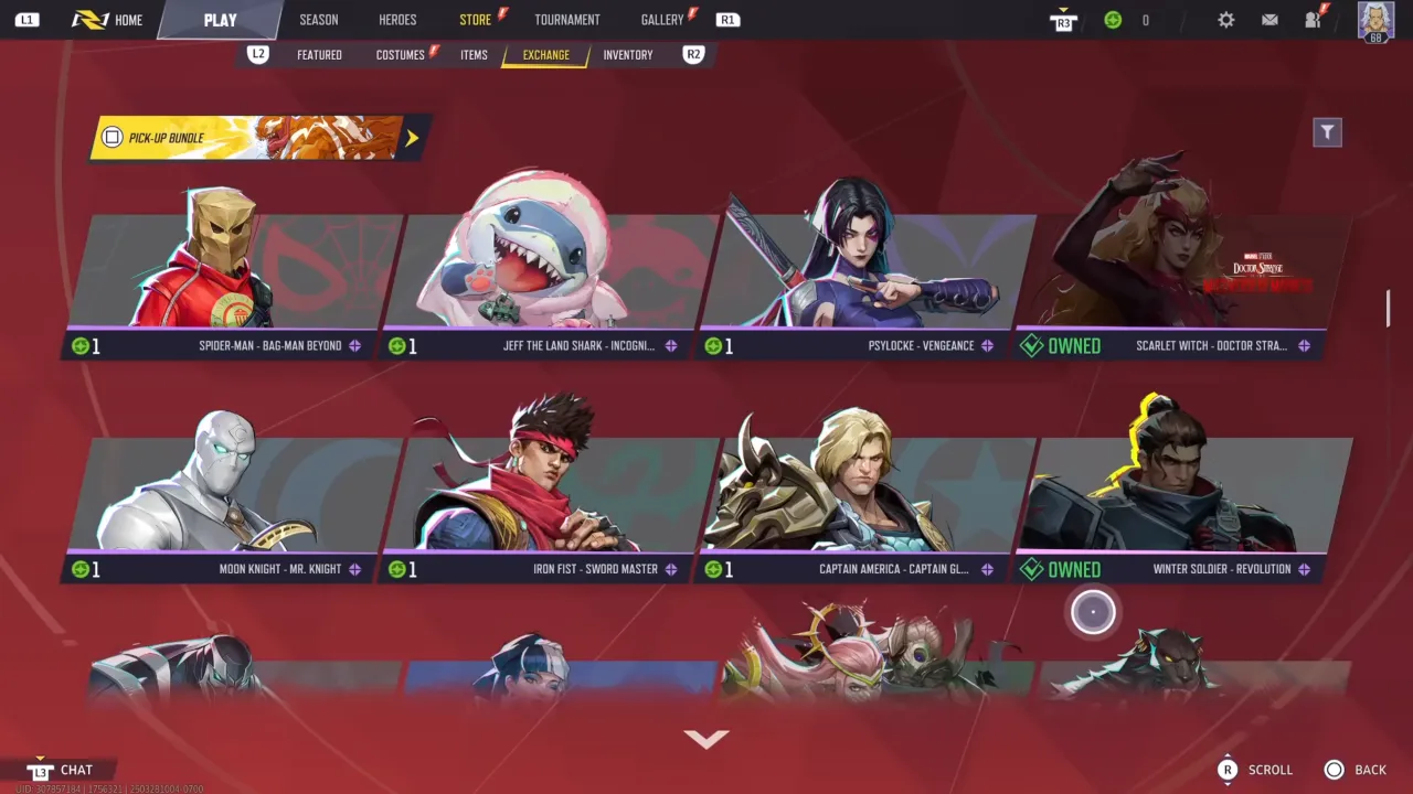 Marvel Rivals costume coins - Image showing the exchange in-game section with all the costumes available to buy using costume coin.