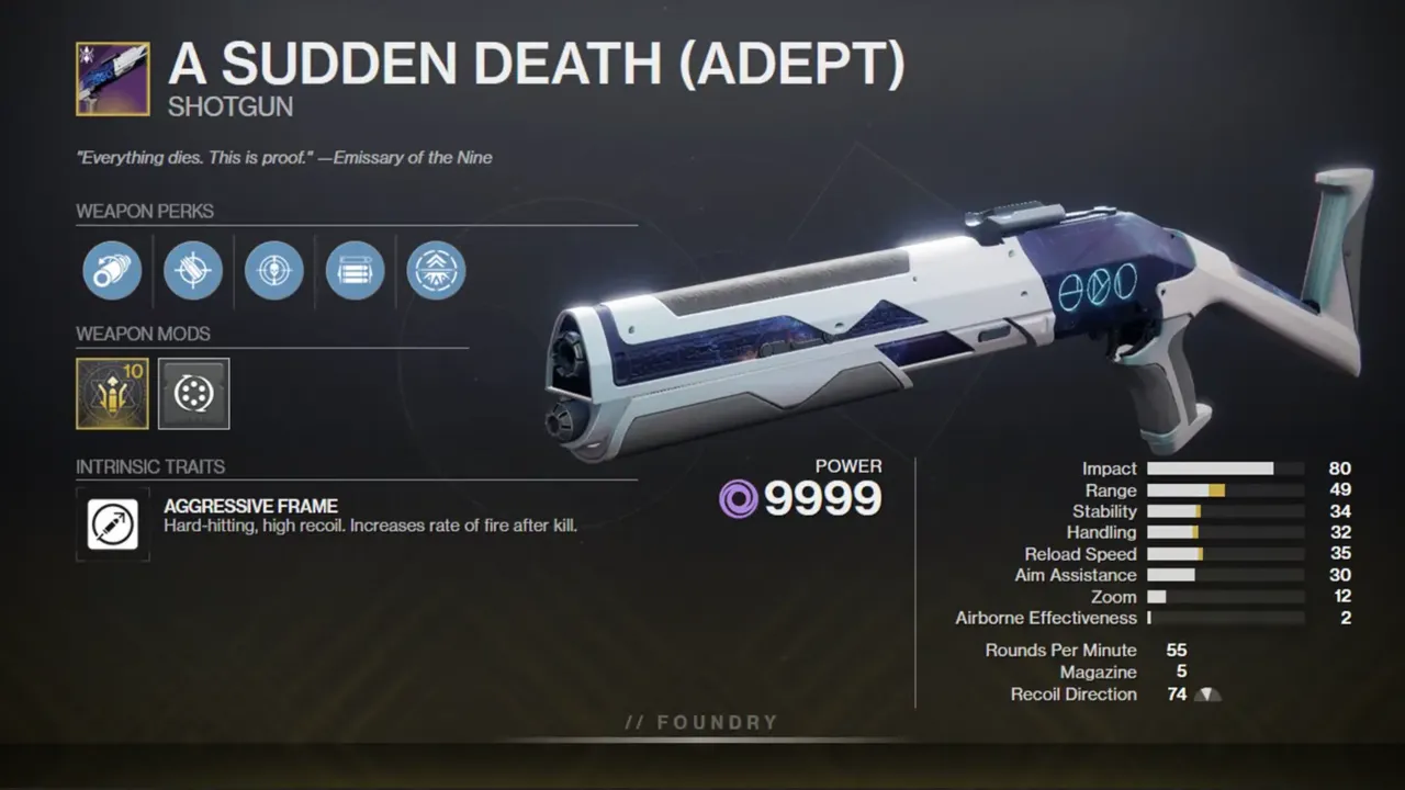 A Sudden Death shotgun stats overview in Destiny 2