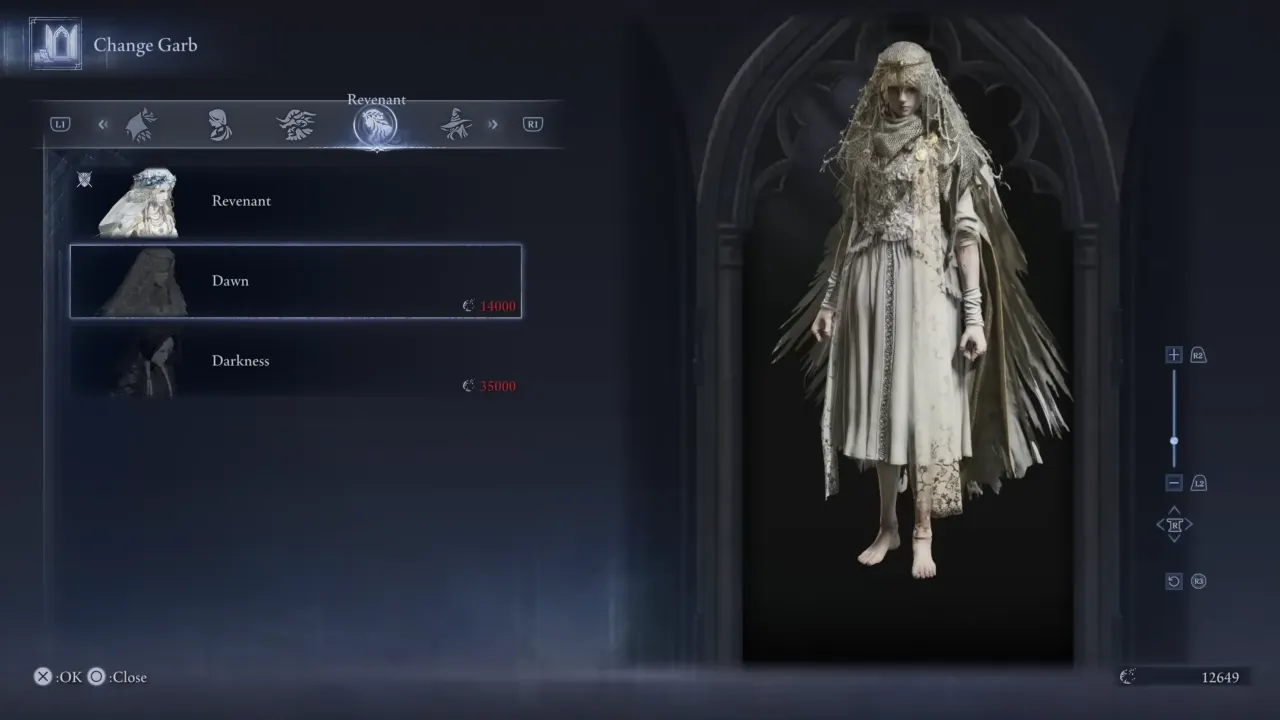 Image showing Dawn outfit selected in Change Garb menu in Elden Ring Nightreign