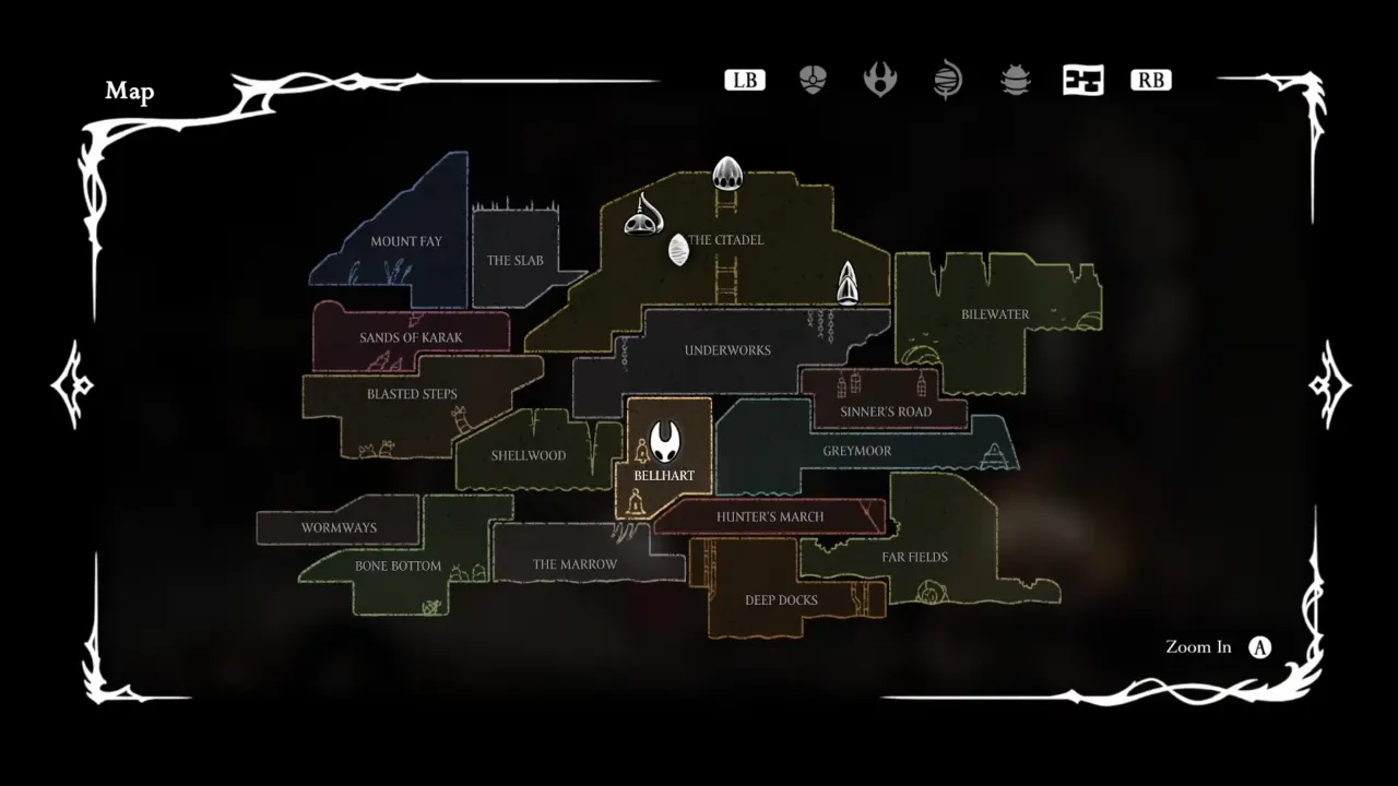 All locations visible on map to visit in Silksong Trail's End