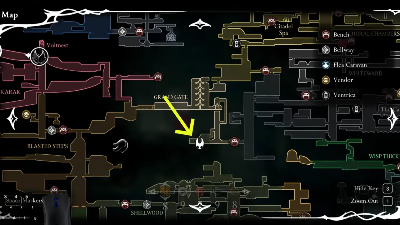 The first Seth location marked on the map to find and defeat him in Silksong.