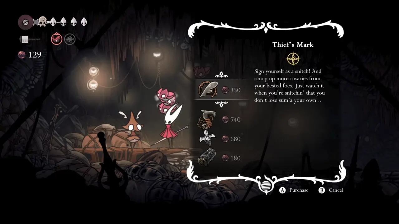 Image shows Hornet Buying Thief’s Mark from Grindle in Silksong