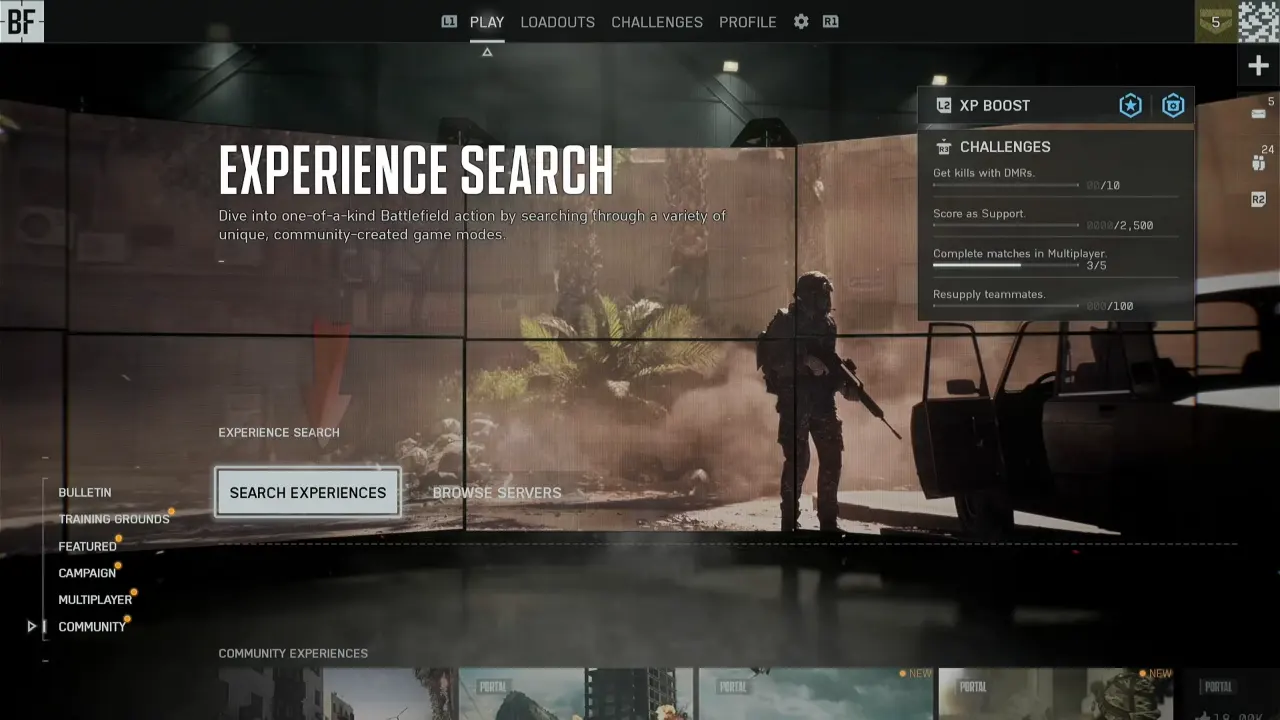 Battlefield 6 in-game Community menu to enter custom Portal Server