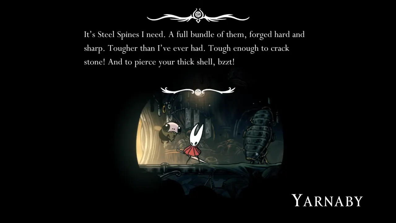 Hollow Knight Silksong Hornet talking to Yarnaby