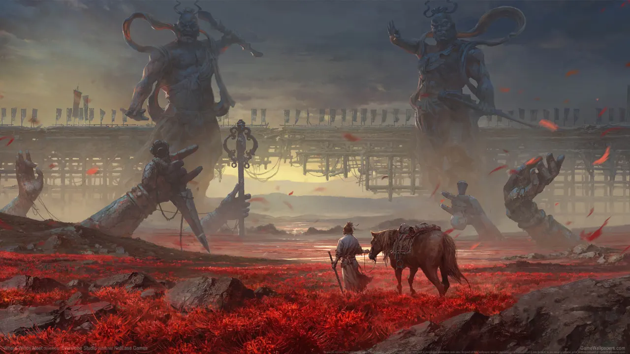 Where Winds Meet image shows character walking with the horse in red flower fields